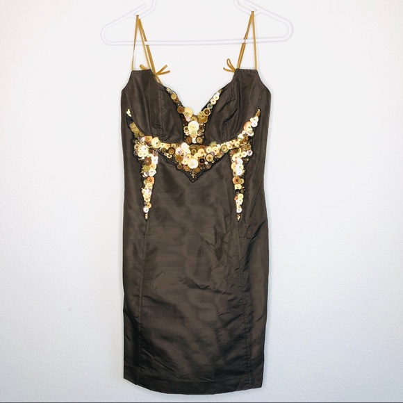 Carolina Herrera Chocolate Brown and Muted Gold Beaded Taffeta Cocktail Bow